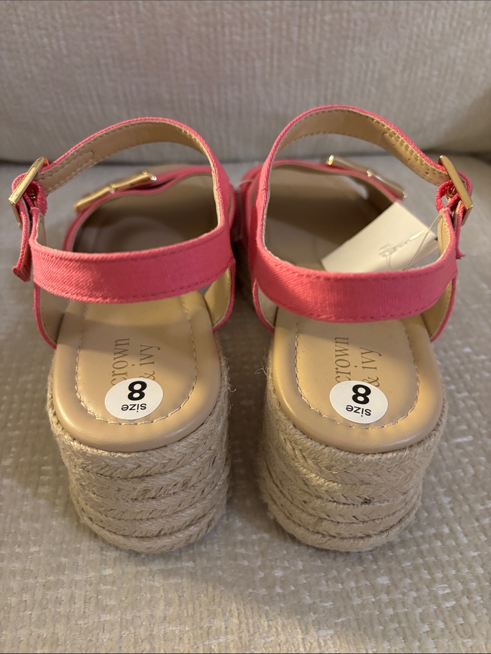 Crown & Ivy Hot Pink Espadrille Wedge Sandals with Gold Buckles - Picture 3 of 9